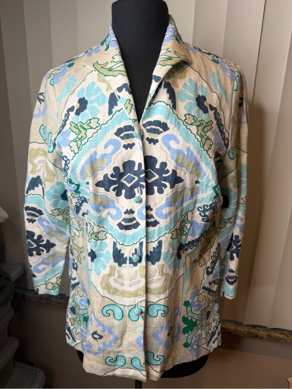 Connie Roberson 100% Linen Printed Lightweight Jacket Aqua Navy Size Small